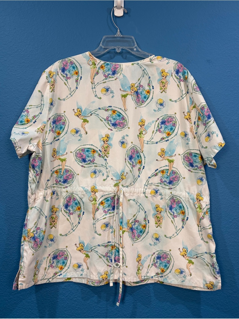 Disney Tinkerbell White Medical Scrub Top Women Size 2X/2XG Drawstring Back